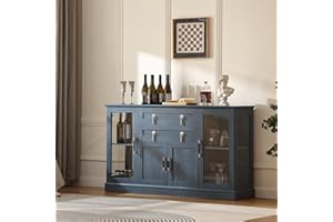 FOREST GRAVITY 58.2'' Modern Sideboard Buffet Cabinet with Storage, Accent Coffee Bar Cabinet with 2 Glass Doors,Sideboard Credenza with Two Drawers and Adjustable Shelves,Blue