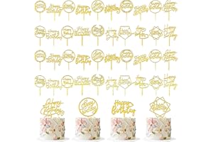 RASSLISA 40 PCS Gold Happy Birthday Cake Topper Acrylic Birthday Cupcake Topper Cake Pick Decorations for Birthday Party Cake Desserts Pastries 20 Styles