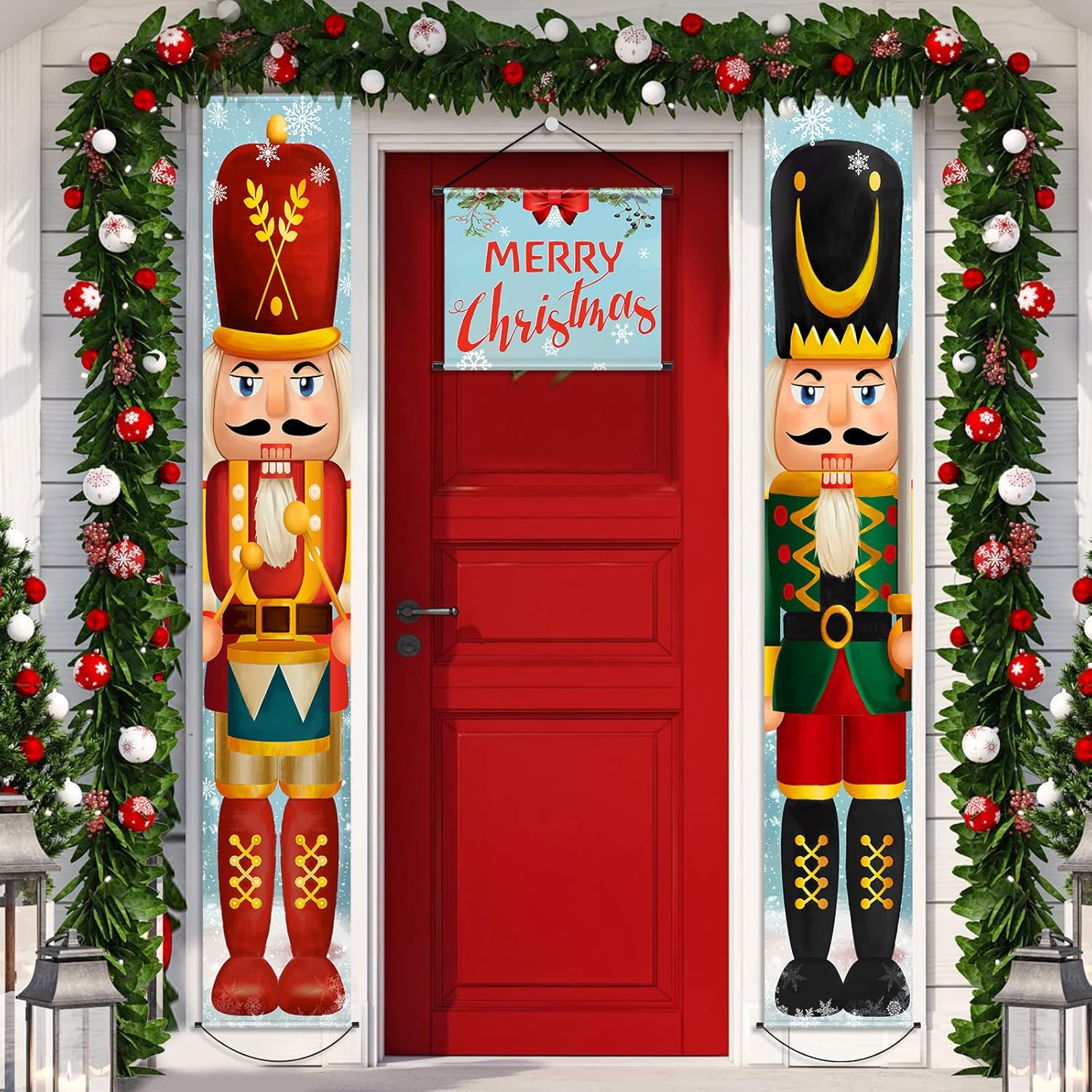 Nutcrackers - Tatuo 3 Pieces Nutcracker Christmas Banner Soldier Nutcracker Banner Soldier Porch Signs Xmas Hanging Banners with Small Merry Christmas Sign for Front Door Yard Porch Garden Outdoor Christmas Decor