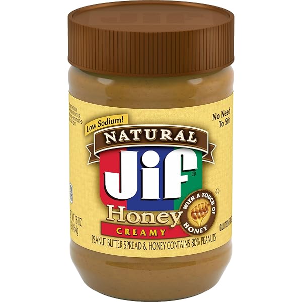 JIF NATURAL CREAMY PEANUT BUTTER SPREAD AND HONEY – CONTAINS 80% PEANUTS, 16 OUNCES