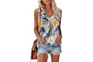 Jescakoo Tank Tops for Women Summer Casual Loose V Neck Curved Hem Sleeveless Shirts