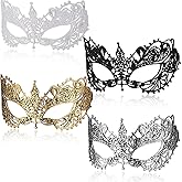 Wullina Masquerade Mask 4Pcs Mysterious Lace Black Gold Silver Masquerade Masks for Women Men Couples Prom Costumes