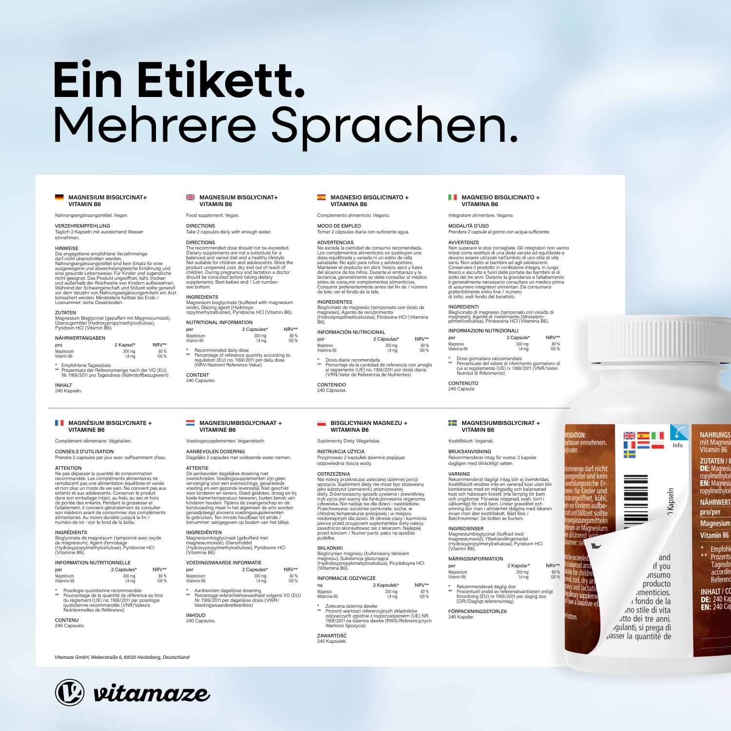 Vitamaze Magnesium Bisglycinate mit Vitamin B6, 240 Kapseln für 4 Monate, 150 mg Magnesium pro Kapsel, Nur 2 Kapseln pro Tag, Vegan, Made in Germany 7