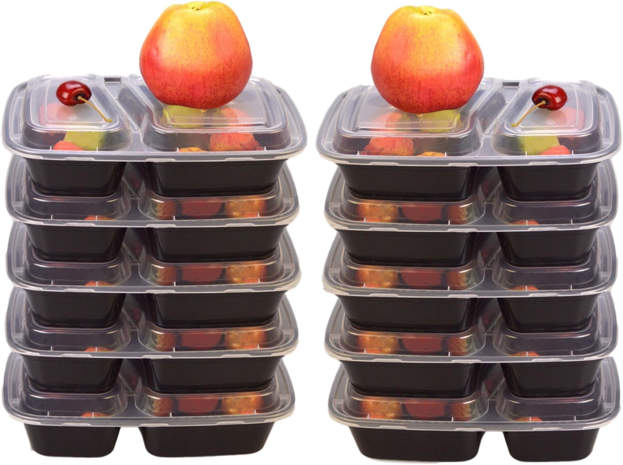 [10 Pack] 2 Compartment BPA Free Meal Prep Containers. Reusable Plastic Food Containers with Lids. Stackable, Microwavable, Freezer & Dishwasher Safe Bento Lunch Box Set [XLarge 1000ml] (Black)