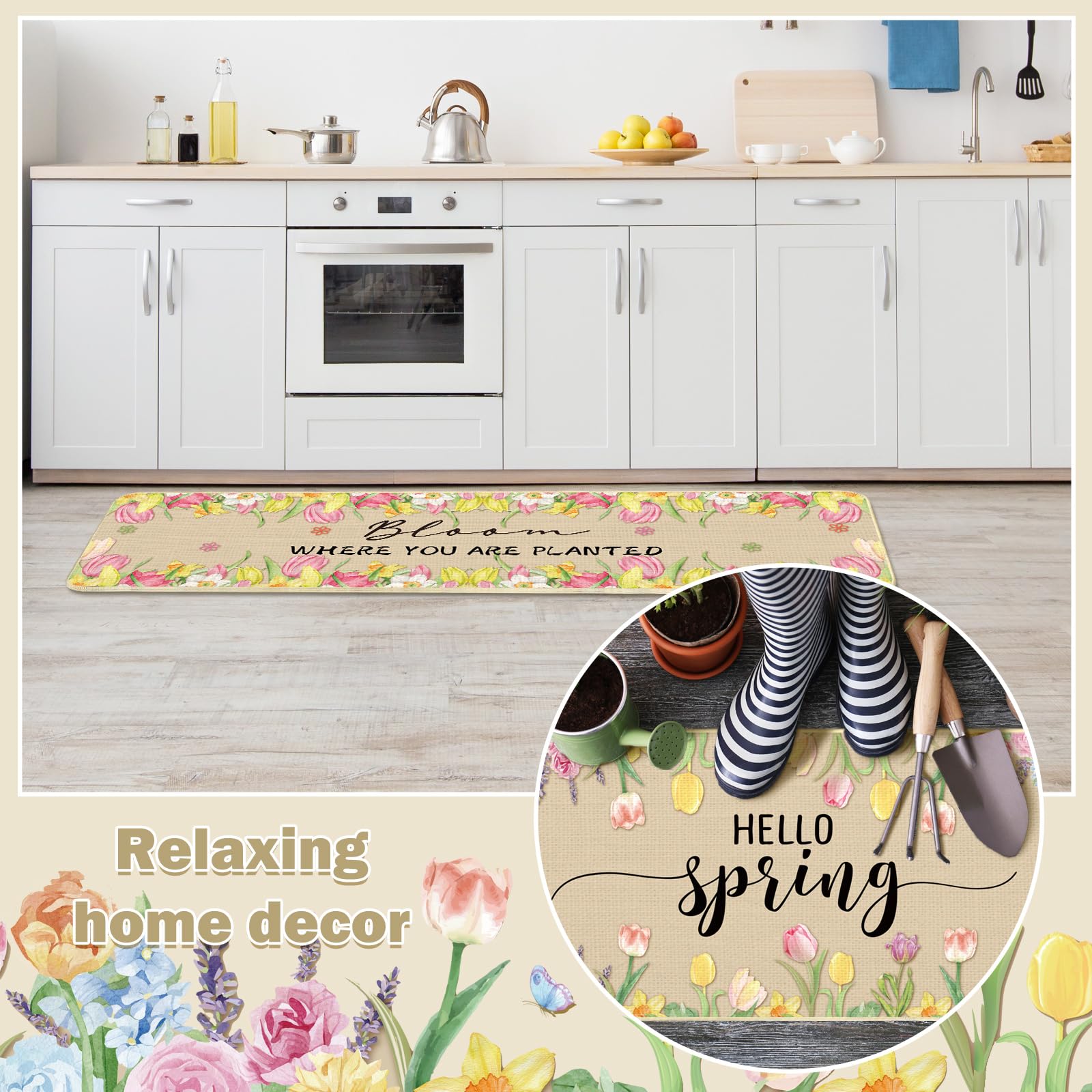 Tinideya Hello Spring Kitchen Rugs and Mats Set of 3, Spring Flowers Vase Floral Kitchen Mat Non Slip Bloom Doormat Easter Funny Washable Kitchen Bathroom Decor,17 x 59,17 x 47,17 x 32 in - Image 5