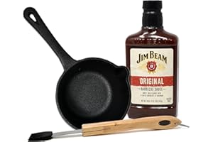 STYLE ASIA Jim Beam Pre-Seasoned Heavy Duty Construction Black Cast Iron Basting Pot for Grilling and Oven, Large Wooden handle Silicone Barbecue Brush, and Jim Beam Original Barbecue Sauce, Ideal Grill Set