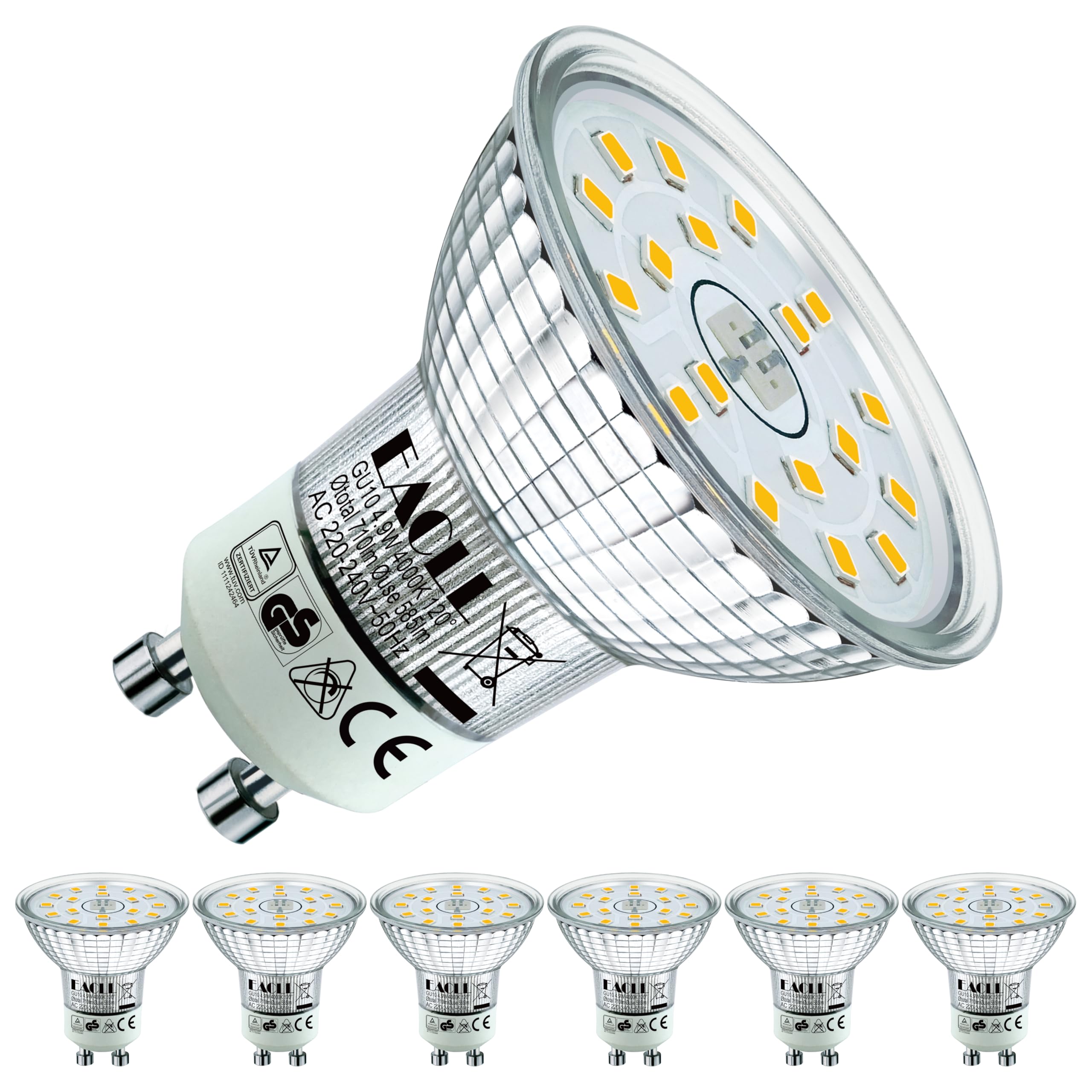 EACLL GU10 LED Bulbs Neutral White 4000K 4.9W Equivalent 75W Halogen, Pack of 6, 585 Lumens AC 230V Flicker-Free Spot Light, Wide Beam Angle 120°, Non-Dimmable Energy Saveing Reflector Lamp