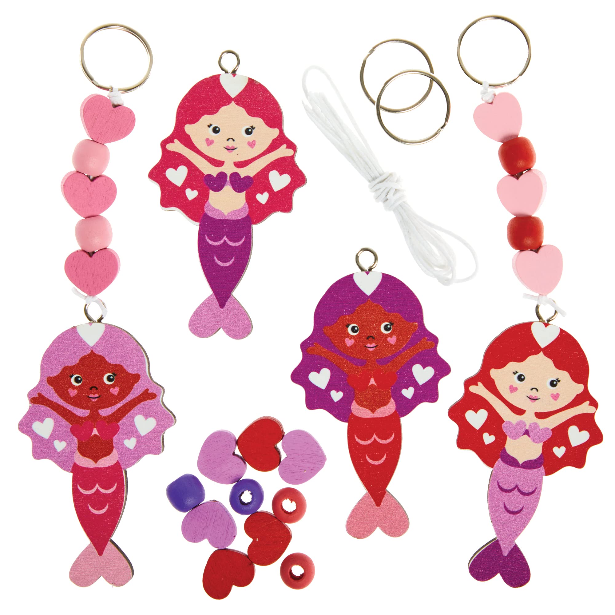 Baker Ross FX445 Love Heart Mermaid Keyring and Bag Dangler Kits - Pack of 4, Valentine's Day Craft Kit for Kids