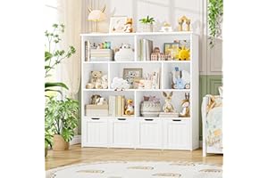 FINETONES Toy Storage Organizer, Kids Bookshelf with 4 Movable Chests and 7 Storage Cubes, Toy Chest Storage with Hidden Wheels, Toy Organizers and Toy Storage, White