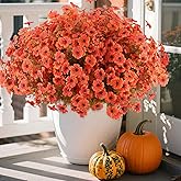 Hananona 18 Pcs Artificial Mum Flowers for Outdoors, Faux Fall Mums Silk Flower for Outside, Fake Orange Flowers for Fall Patio Front Door Planter Autumn Halloween Home Decorations (18, Orange)