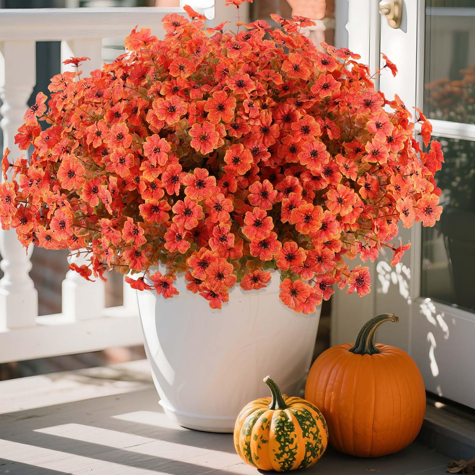 Photo 1 of Hananona 18 Pcs Artificial Mum Flowers for Outdoors, Faux Fall Mums Silk Flower for Outside, Fake Orange Flowers for Fall Patio Front Door Planter Autumn Halloween Home Decorations (18, Orange)