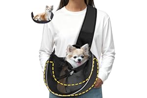 WOYYHO Dog Sling for Small Dogs & Cats Up to 10 lbs with Detachable Hard Bottom Breathable Mesh, Adjustable Strap & Large Pocket - Hands-Free Pet Carrier for Travel Walking Hiking (Black Size M)