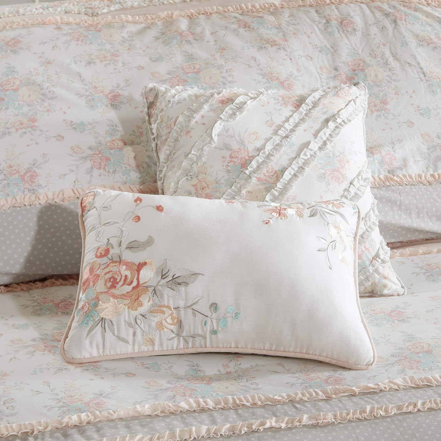 Madison Park 100% Cotton Comforter Set-Modern Cottage Design All Season Down Alternative Bedding, Matching Shams, Bedskirt, Decorative Pillows, Queen(90"x90"), Serendipity, Coral 9 Piece: Home & Kitchen