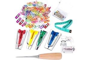 LUNARM Bias Tape Maker Kit, Bias Tape Tool with Instruction, 4 Sizes Bias Maker with 60 Pcs Sewing Clips, 50 Pcs Ball Point Pins, Awl, Sewing Machine Presser Foot for Fabric Sewing and Quilting