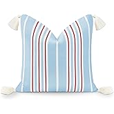 Hofdeco Premium Coastal Hampton Style Patio Indoor Outdoor Throw Pillow Cover Only, 18"x18" Water Resistant for Backyard, Couch, Baby Blue Red Stripe Tassel