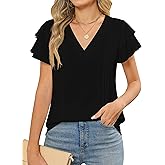 IWH Womens Dressy Casual Tops Double Layered Ruffle Short Sleeve Pleated V Neck Shirts 2025 Summer Business Work Blouse