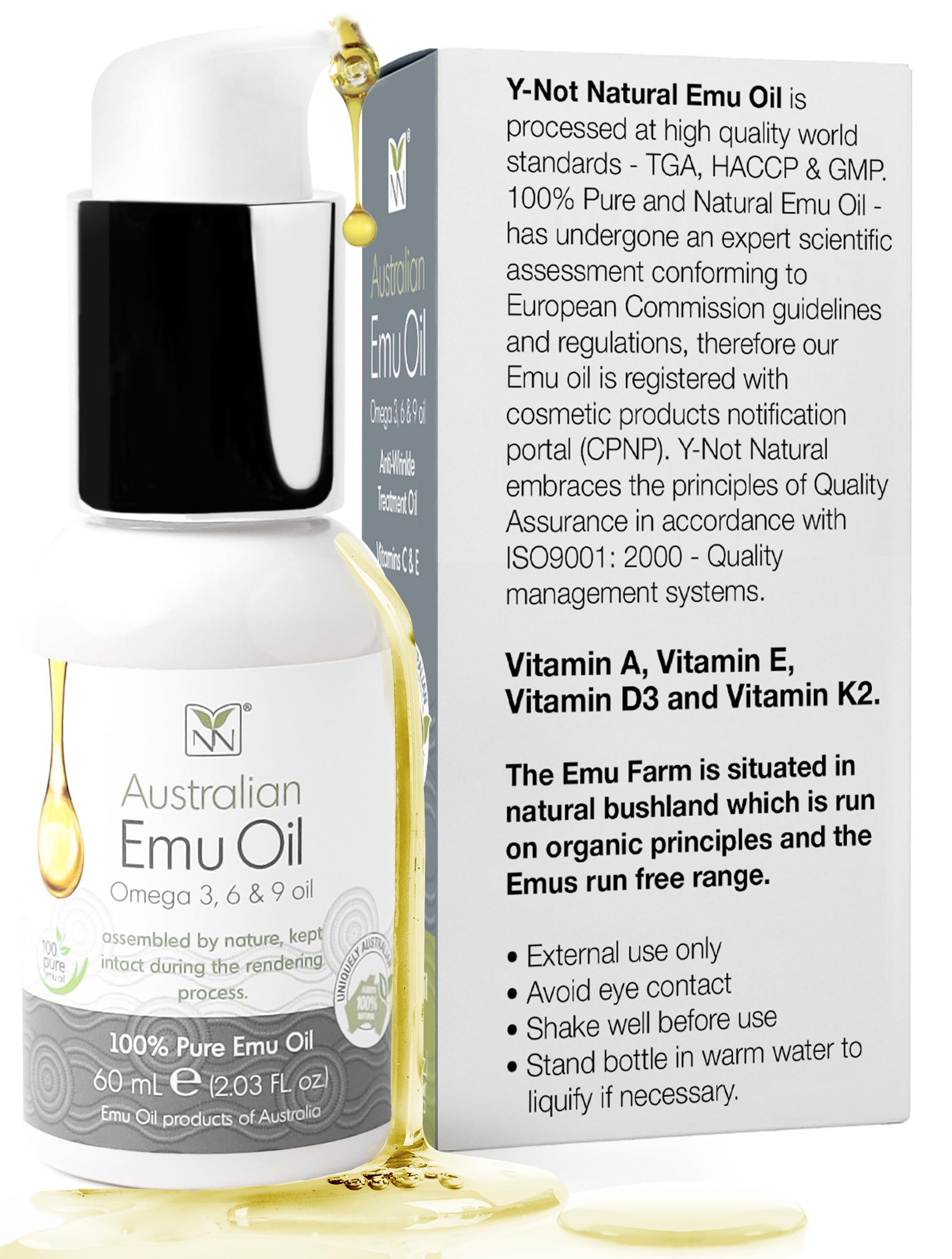 Y Not Natural Pure Emu Oil - Face Moisturizer, Body Oil & Hair Growth Oil - Organic Skin Care with Vitamin E Oil, Omega 3-6-9 - Multi-Use Face Oil, Scalp Oil & Cuticle Oil - Australian Emu Oil (60ml)