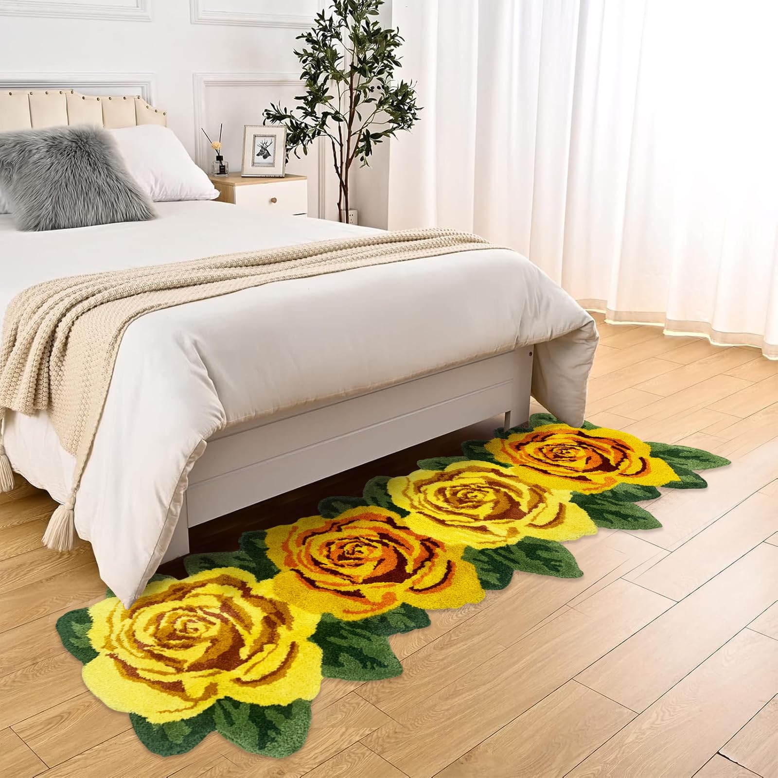 USTIDE Fluffy Rose Floor Runner,Soft and Shaggy Rose Runner Rug Handmade Rug Modern Carpets Washable Floor Mats for Living Room, Laundry Room, Hallway, and Bathroom High Pile, Yellow