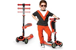 SKIDEE Kick Scooters for Kids Ages 3-5, Adjustable Height Foldable Scooter with Removable Seat, 3 LED Light Wheels, Rear Brake, Wide Standing Board, Suitable Up to 12 Year Old Boys/Girls