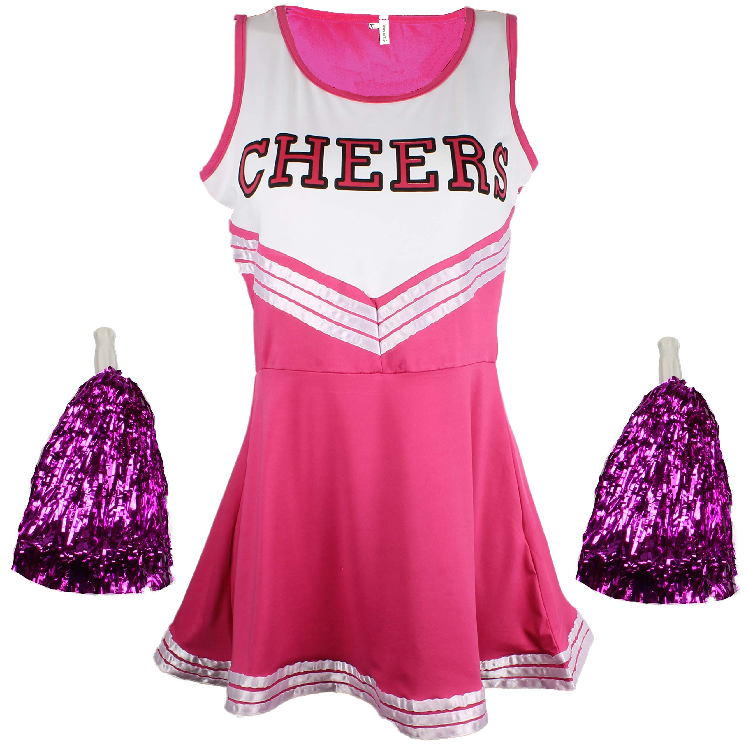 Cheerleader Fancy Dress Outfit Uniform High School Costume With Pom Poms Pink Cheerleader, Extra Large