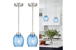 Audickic Pendant Lights Kitchen Island, 2 Pack Brushed Nickel Pendant Lighting with Striped Blue Glass Shade, Modern Hanging Light Fixtures for Entryway Dining Room, AD-22299-2P-BL