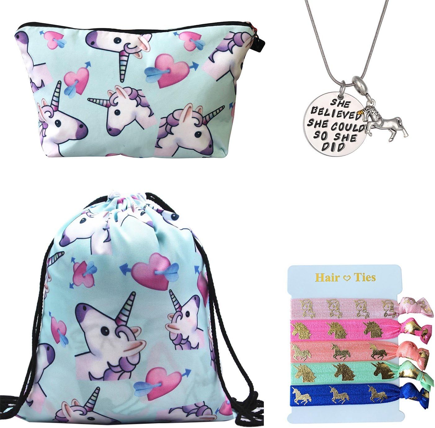Unicorn Gifts for Girls - Unicorn Drawstring Backpack/Makeup Bag/Inspirational Necklace/Hair Ties (Blue)