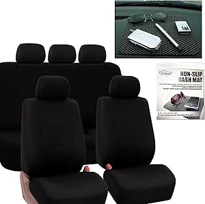 FH Group FH-FB051115 Multifunctional Flat Cloth Car Seat Covers Solid Black Color, Airbag Compatible and Split Bench FH1002 Non-Slip Dash Grip Pad- Fit Most Car, Truck, SUV, or Van