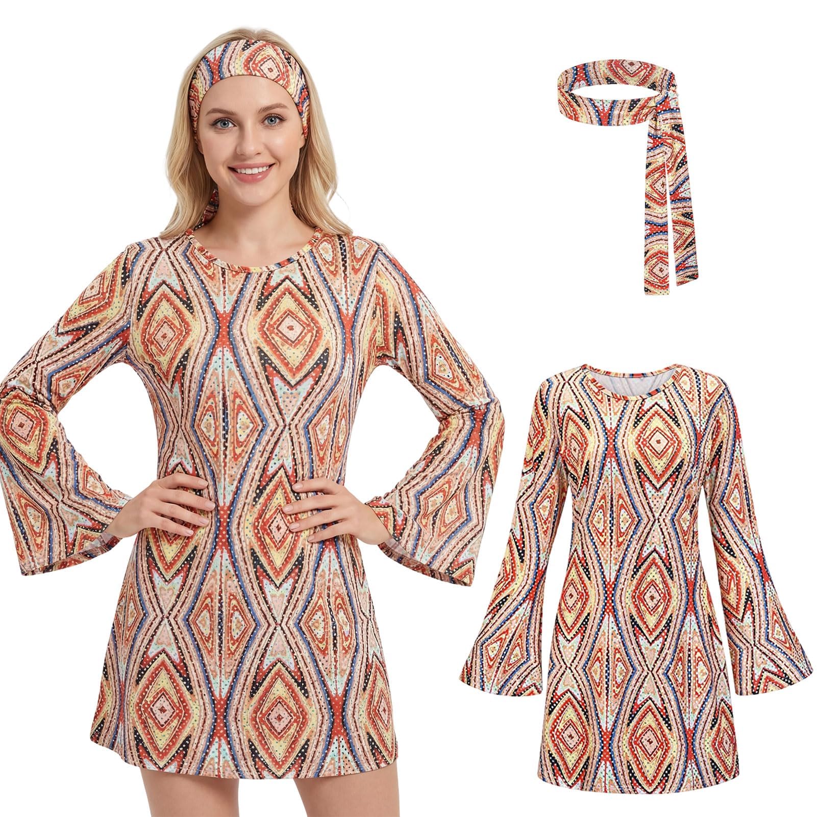 Aleshime Womens 1970's Disco Fancy Dress Costume, 70s Outfits for Women, 70s Retro Hippie Dress with Headband for Hen Party, Music Festival & Theme Party