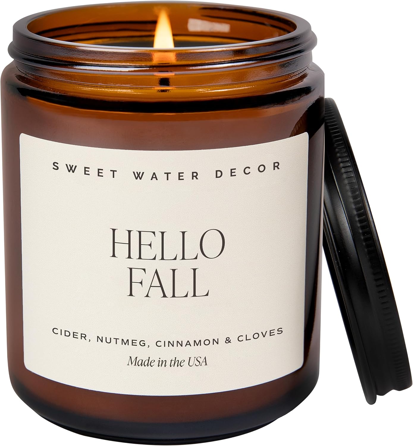 Candles & Holders - Sweet Water Decor Hello Fall Soy Candle | Hot Cider, Cinnamon, Cloves, Apple, and Nutmeg Scented Candles for Home | 9oz Amber Jar + Black Lid, 40+ Hour Burn Time, Made in the USA