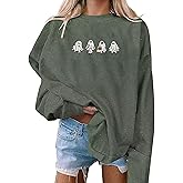 Fiscrat Halloween Spooky Season Oversized Sweatshirt Women Cute Ghost Sweatshirts Fall Embroidered Sweater Pullover Top