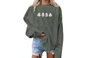 Fiscrat Halloween Spooky Season Oversized Sweatshirt Women Cute Ghost Sweatshirts Fall Embroidered Sweater Pullover Top