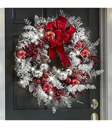 Couronne De Noël Artificielle Pré-éclairée - 50 Cm, Avec Nœud Rouge, Lumières LED, Pour Porte Ou Cheminée