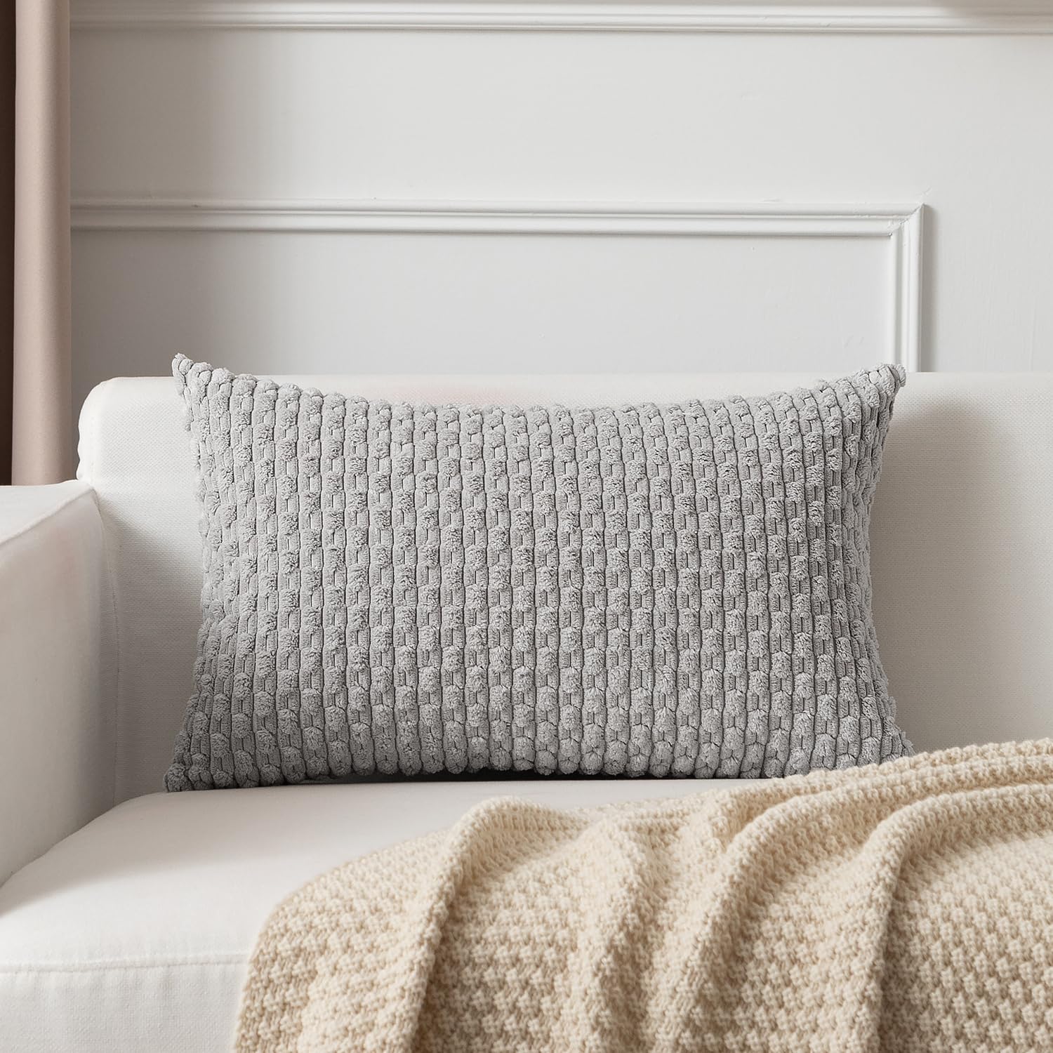 Photo 1 of Kevin Textile 12x20 Inch Pillow Cover 1 Pack Boho Decorative Soft Striped Corduroy Lumbar Farmhouse Solid Color Accent Rectangle Cushion Case for Living Room Couch Sofa Bed, Light Grey