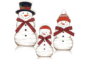 AUGISTEEN 3 Pcs Christmas Snowman Wooden Table Decorations Winter Snowman Tabletop Centerpiece Wood Block Sign Rustic Farmhouse Xmas Tiered Tray Decor for Christmas Winter Holiday Home Office Shelf Party Decor