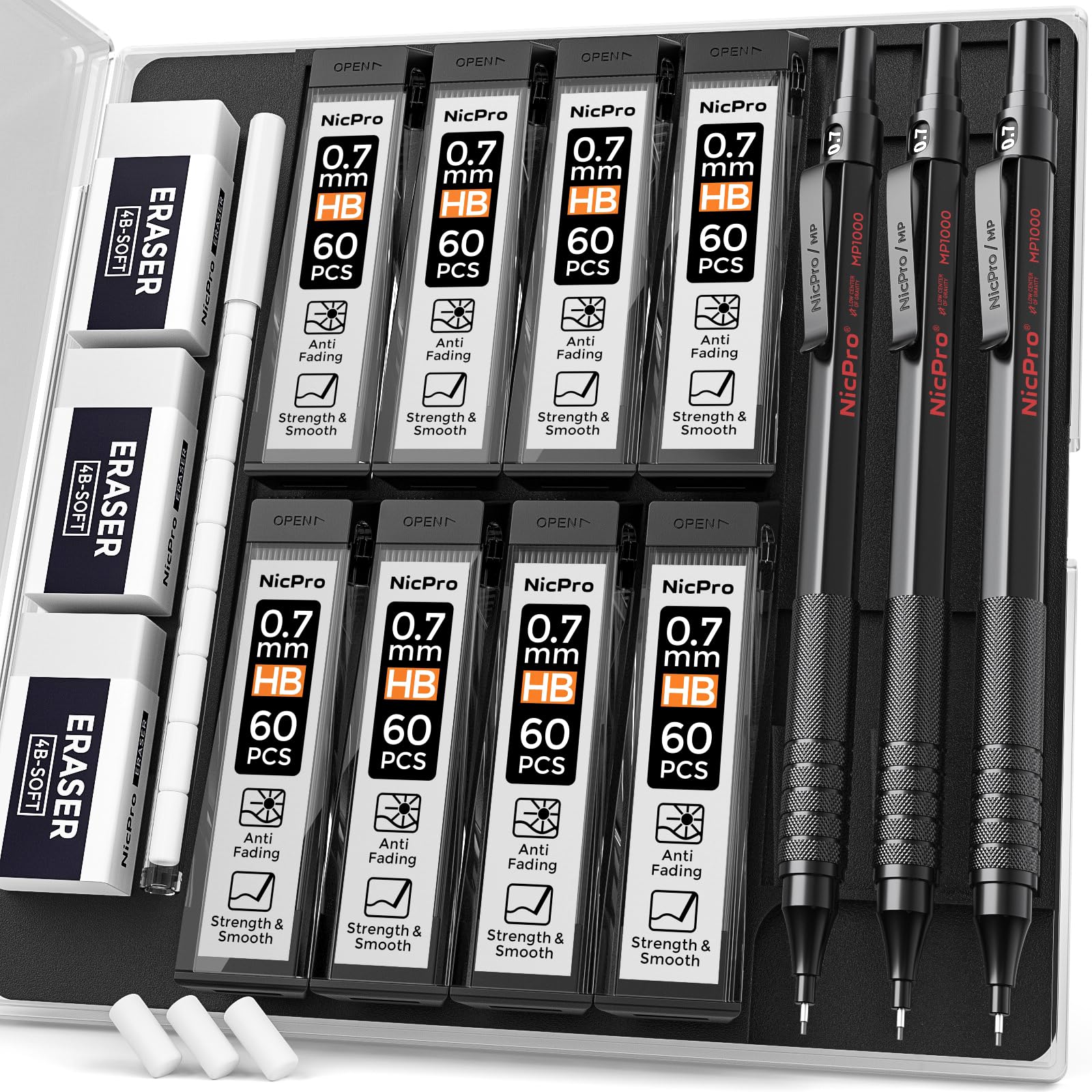 Nicpro 0.7 mm Mechanical Pencils Set with Case, 3 Metal Automatic Retractable pencil With 6 Tubes HB Lead Refills, 3 Erasers Propelling Pencils For School Engineer Writing, Drawing, Sketching, Black — image 1