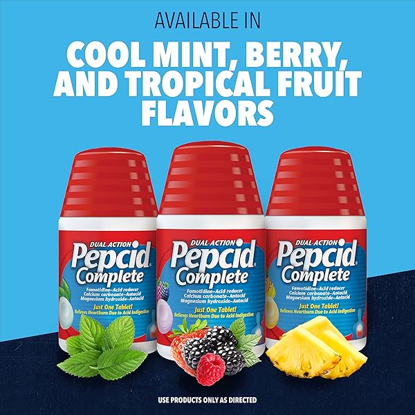 PEPCID COMPLETE ACID REDUCER + ANTACID FOR ACID REFLUX, 10MG FAMOTIDINE, 800MG CALCIUM CARBONATE & 165MG MAGNESIUM HYDROXIDE PER HEARTBURN TABLET, ANTACID CHEWS, TROPICAL FRUIT, 50 CT