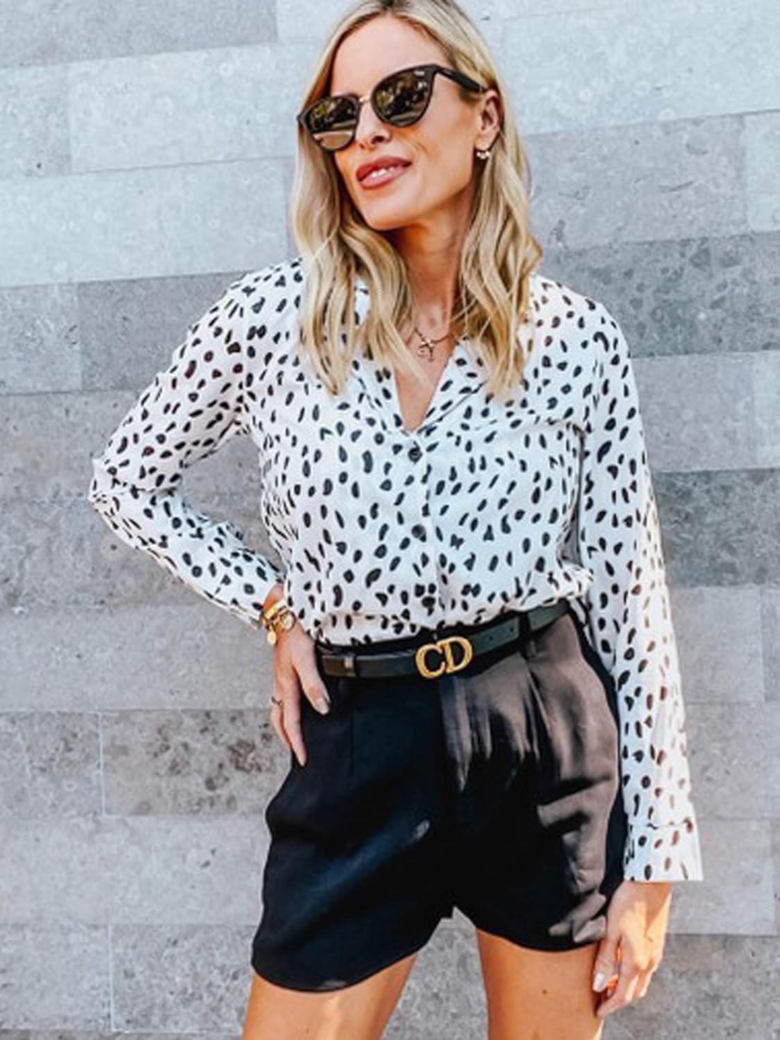 ECOWISH Womens Casual Tops V Neck Leopard Tunic Long Sleeve Button Down Shirts Top at  Women’s Clothing store
