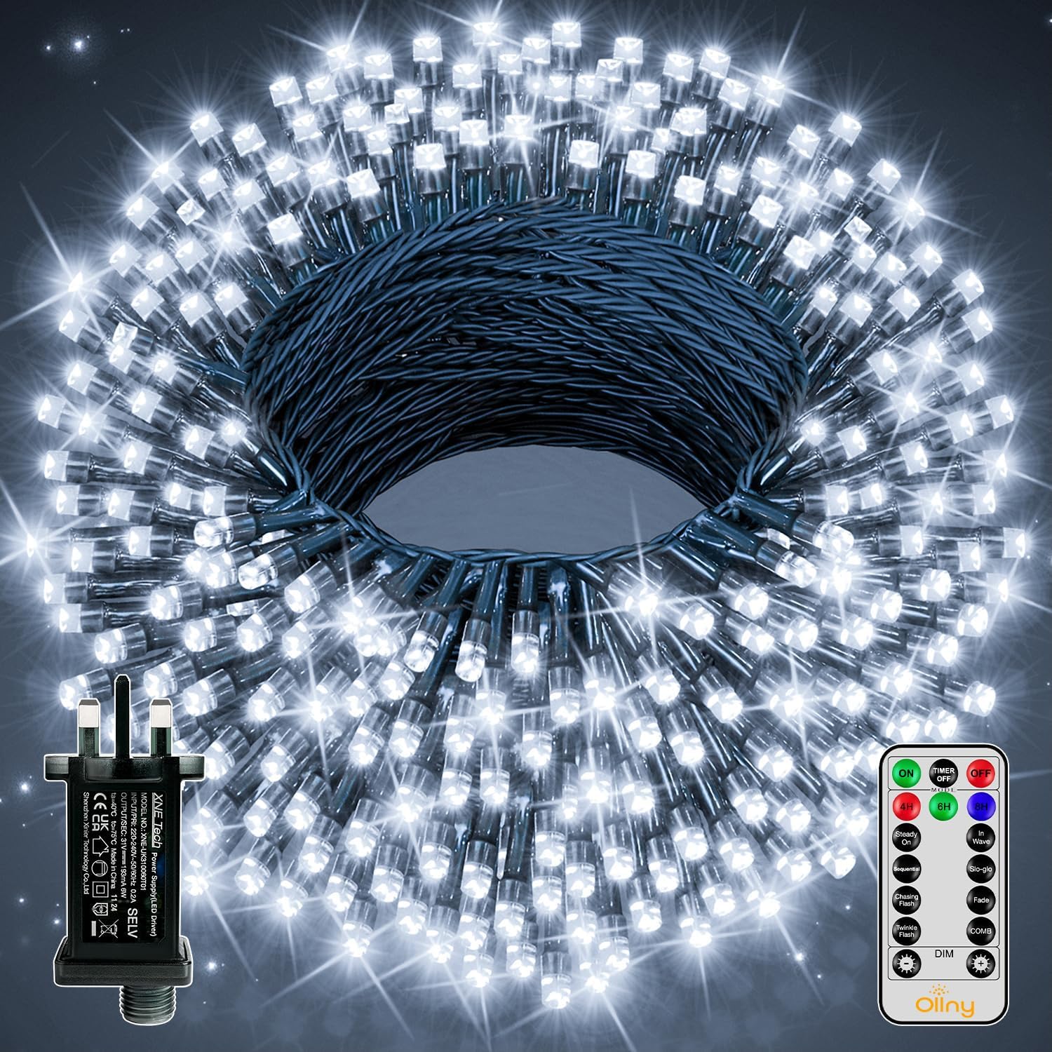 Ollny Christmas Tree Lights Outdoor, 40m 400 LED Fairy Lights Mains Powered, Cool White Waterproof String Light with Plug/Remote/Modes/Timer, Bright Lighting Outside Indoor Garden Xmas Decorations