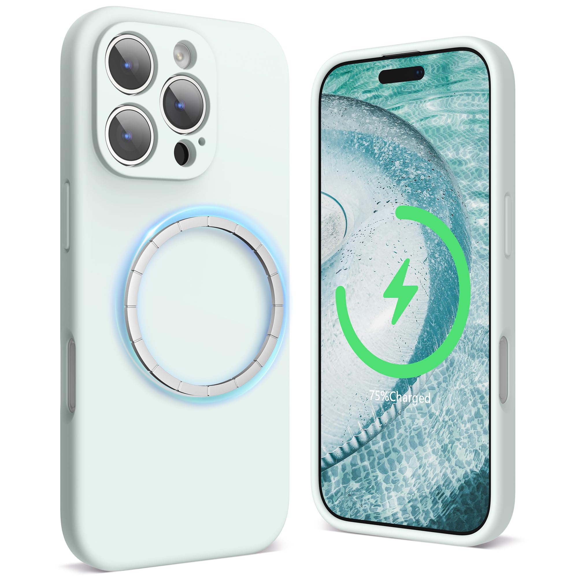 SURPHY Magnetic Design for iPhone 16 Pro Case, Liquid Silicone Protection for Each Lens Shockproof Gel Rubber Phone Case for iPhone 16 Pro 6.3 inch 2024, Soft Mint