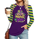 PICKID Mardi Shirts for Women: Carnival Glitter Mask Graphic T Shirt Mardi Outfit Fat Tuesday Long Sleeve Tops