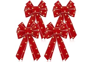 Riceshoot 4 Pcs Large Christmas Bows 18x 10Inch LED Wreath Bow Christmas Tree Topper Bows Velvet Lighted Christmas Stairs Decorations Big Wired Bow with Lights for Winter Xmas Home Decor(Retro Style)