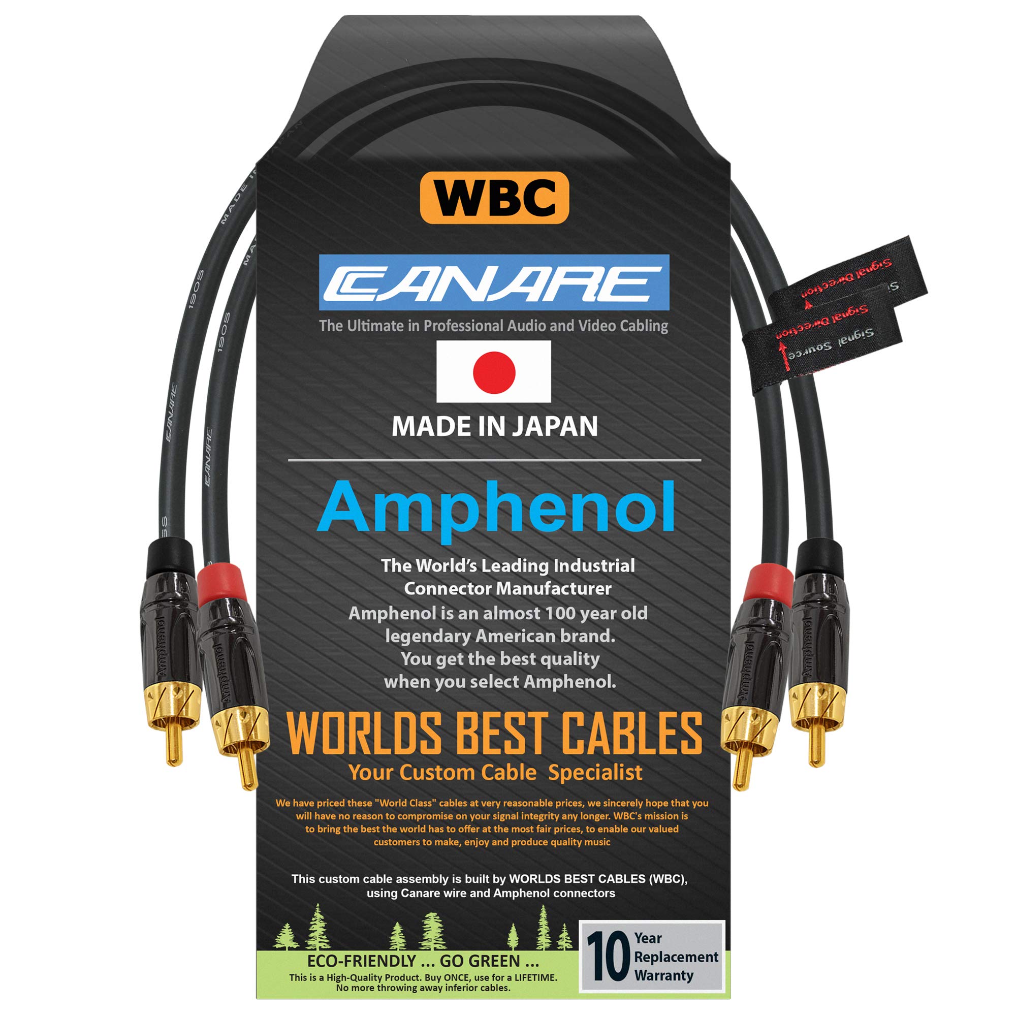 WORLDS BEST CABLES 30 CM RCA Cable Pair - Canare L-4E6S Star-Quad Balanced Audio Interconnect Cable with Amphenol ACPL Black Chrome Body, Gold Plated RCA Connectors - Directional