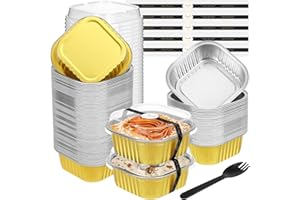 JuneHeart Mini Cake Pans with Lids and Spoons (100 Pack, Gold, 10oz) Aluminum Foil Square Muffin Pans - Mini Aluminum Pans with Lids for Dessert and Party