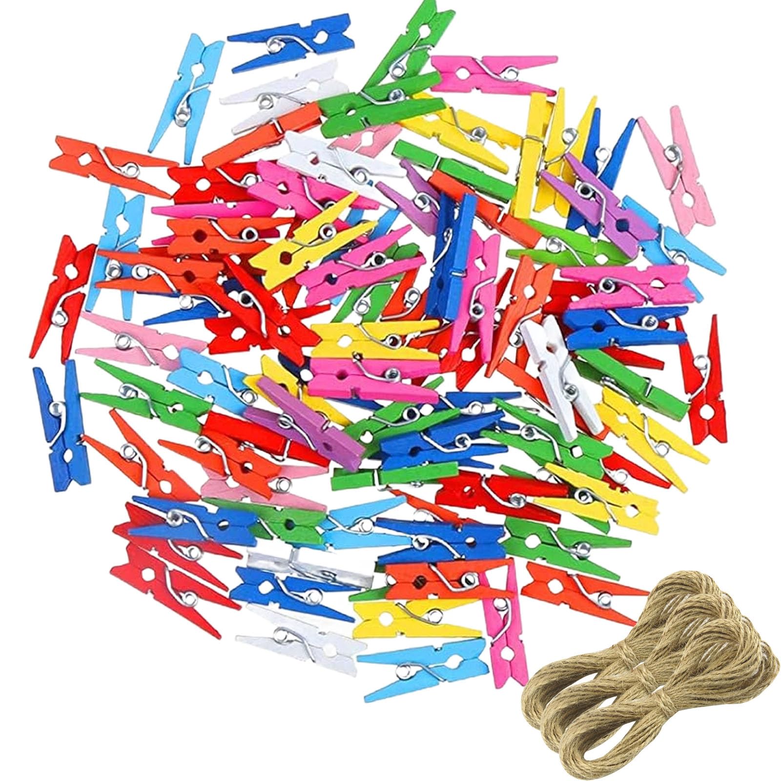 Wodehahagou 103PCS Mini Coloured Pegs for Wooden Photo Clips and Hanging Photos, String and Pegs for Decorative Paper Wall