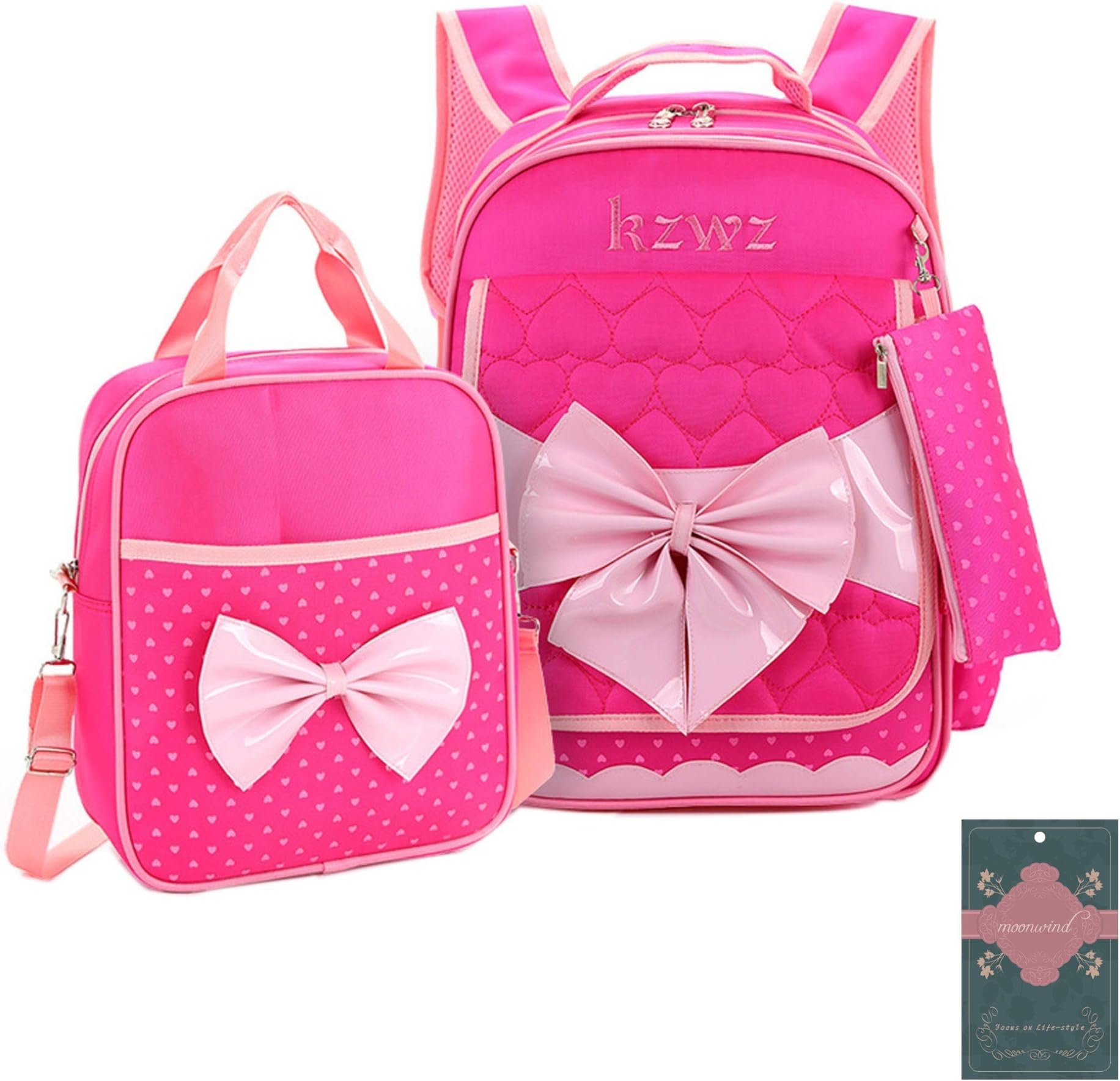 Moonwind 3pcs Sweet Bow Princess Waterproof Girls School Backpack Book Bag and Pencil Lunch Bag Set (Heart-shaped, Heart-shaped Rose)