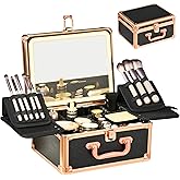 GALHUBIS Makeup Case with Lighted Mirror, Makeup Box Organizer with Detachable LED Mirror, Travel Makeup Train Case, Waterproof Cosmetic Organizer, Standing Makeup Brush Holder, Gift, Black Gold