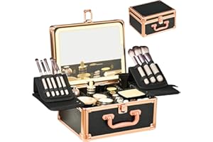 GALHUBIS Makeup Case with Lighted Mirror, Makeup Box Organizer with Detachable LED Mirror, Travel Makeup Train Case, Waterproof Cosmetic Organizer, Standing Brush Holder, Gift, Black Gold