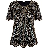 Vijiv Women's 1920s Vintage Beaded Evening Top Art Deco Scalloped Hem Sequin Embellished Blouse Tunic