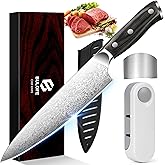 BULOFE 8 Inch Chef Knife, Kitchen Knife with Sharpener and Finger Guard, Professional Steel Sharp Chef's Knife Set with Ergonomic Handle, Gifts for Christmas, Black