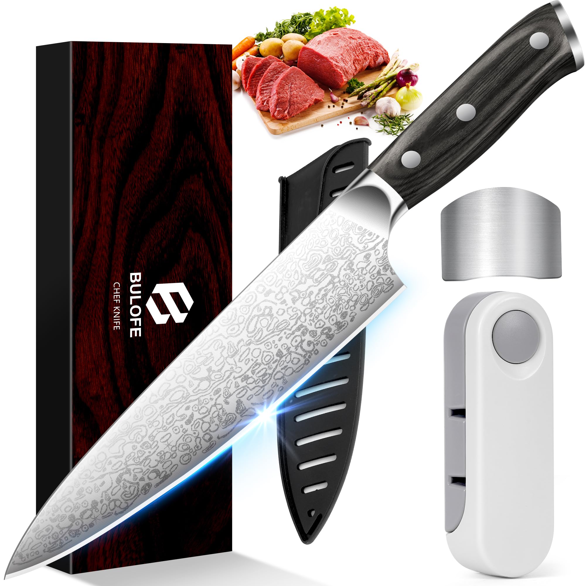 Photo 1 of BULOFE 8" Professional Chef Knife, Super Sharp Chef's Knife with Finger Guard and Knife Sharpener, High Stainless Steel with Ergonomic Handle